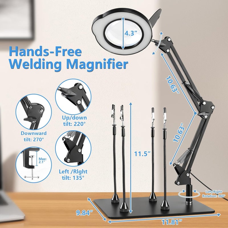 Jaenmsa Helping Hands Soldering Station with Light and Stand, 4.3" 10X Soldering Magnifying Glass with 4 Flexible Helping Arms, 5 Color Mode, 10 Dimmable Levels for Electronics Repair, Jewelry, Hobby - Image 2